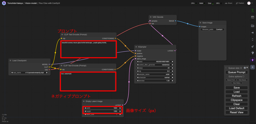 ComfyUIのワークフローが開きます。このワークフローは、選択したテンプレートによって異なります。
​私が選択した「Flux.1 Dev with ComfyUI」だと、以下のようなワークフロー担っていました。
プロンプトとネガティブプロンプト、画像サイズなどを設定できます。