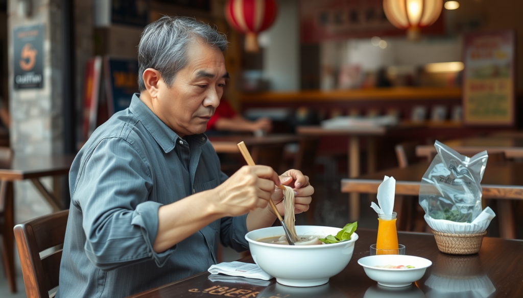 とりあえずQualityを90から最高の100にし、「photo of a Vietnamese man eating pho (traditional Vietnamese rice noodle) in the outdoor table in the local restaurant 」というプロンプトで画像生成してみましたが・・・