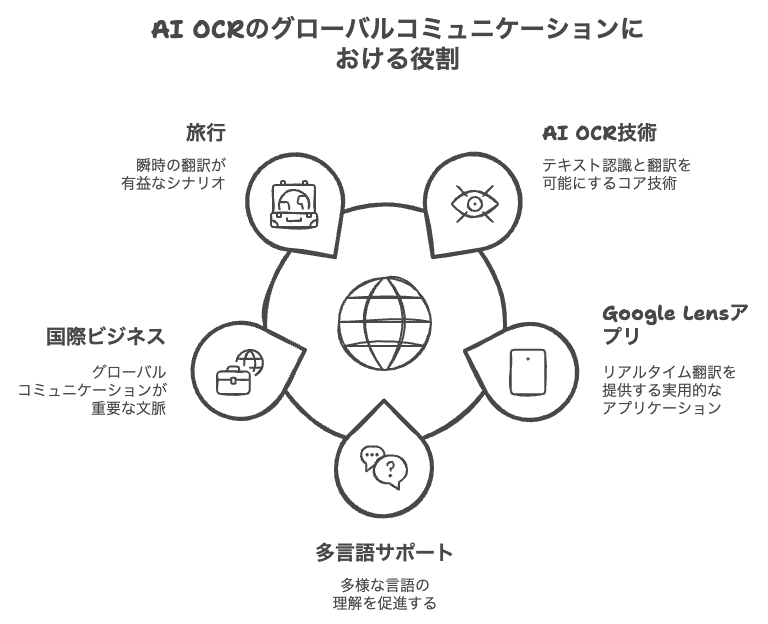 AI OCRは、多言語翻訳の分野でも活用されています。例えば、Google Lensアプリでは、スマートフォンのカメラで撮影したテキストをリアルタイムで認識し、即座に翻訳する機能を提供しています。これにより、外国語の文書や標識を瞬時に理解することが可能となり、国際的なビジネスや旅行において非常に便利です。また、多言語対応のAI OCRは、グローバルに展開する企業にとっても重要なツールとなっています。AI OCRの多言語対応は、国際的なコミュニケーションを円滑にし、ビジネスのグローバル化を支援する重要な要素です。