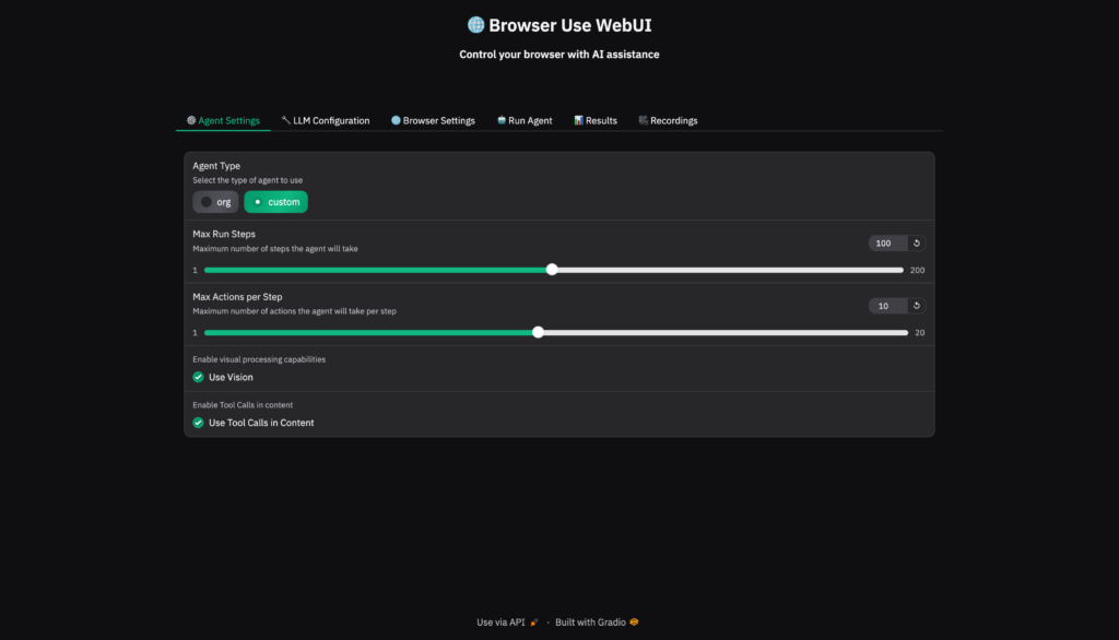 Browser Use の WebUI : Agent Settings画面