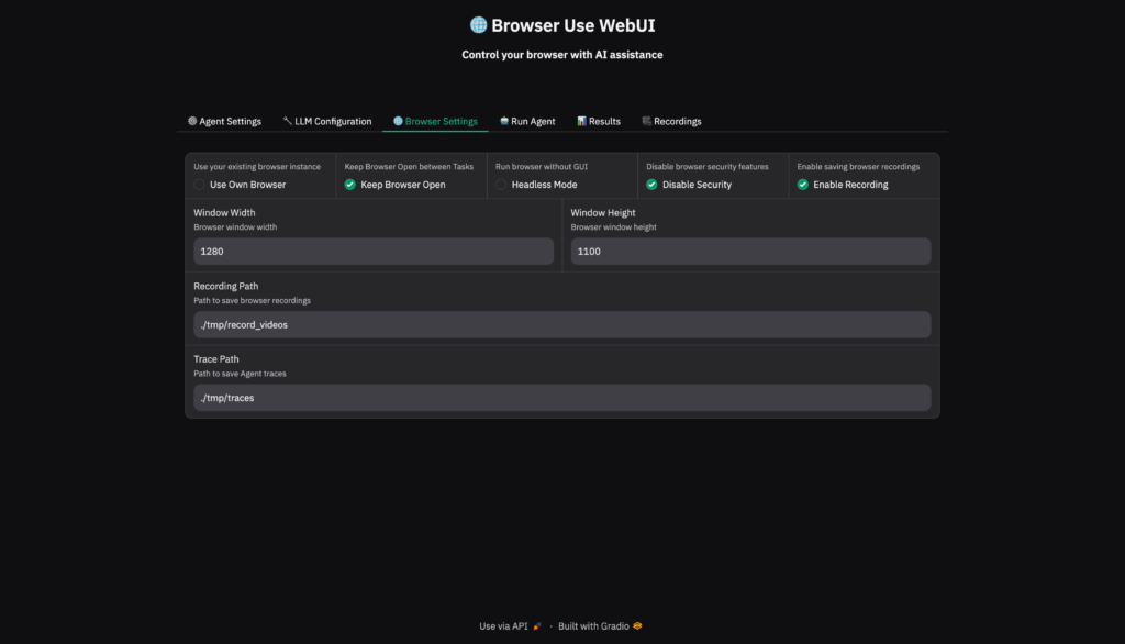 Browser Use の WebUI : Browser Settings画面