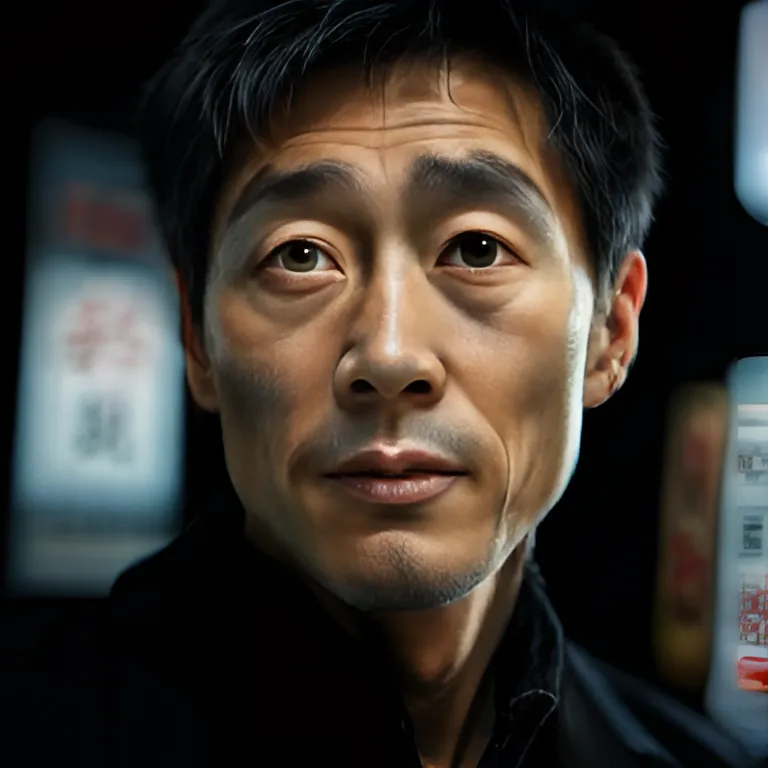 ​A photo of face of a Japanese man at the agen of 30 looking at this way, zoom up, black background: by Janus-Pro