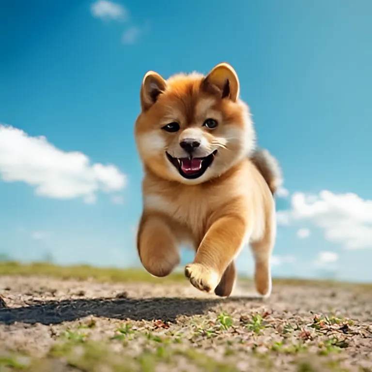 ​A photo of an adorable and fluffy red Shiba inu puppy running on the ground with smiling under the sunny blue sky: by Janus-Pro