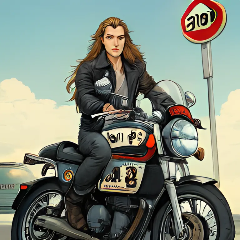 An ultra detailed illustration like Toriyama Akira style, long-haired man on a 750cc motorcycle with the label of “Vol.8” and “PENGUIN”, wearing a leather jacket, retro style, traffic sign with “STOP”: by Janus-Pro