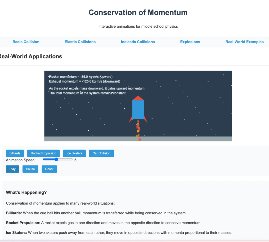 この画像は、Manusが運動量保存則に関するインタラクティブな学習コースを作成している様子を示しています。具体的には、以下のようなことができます。