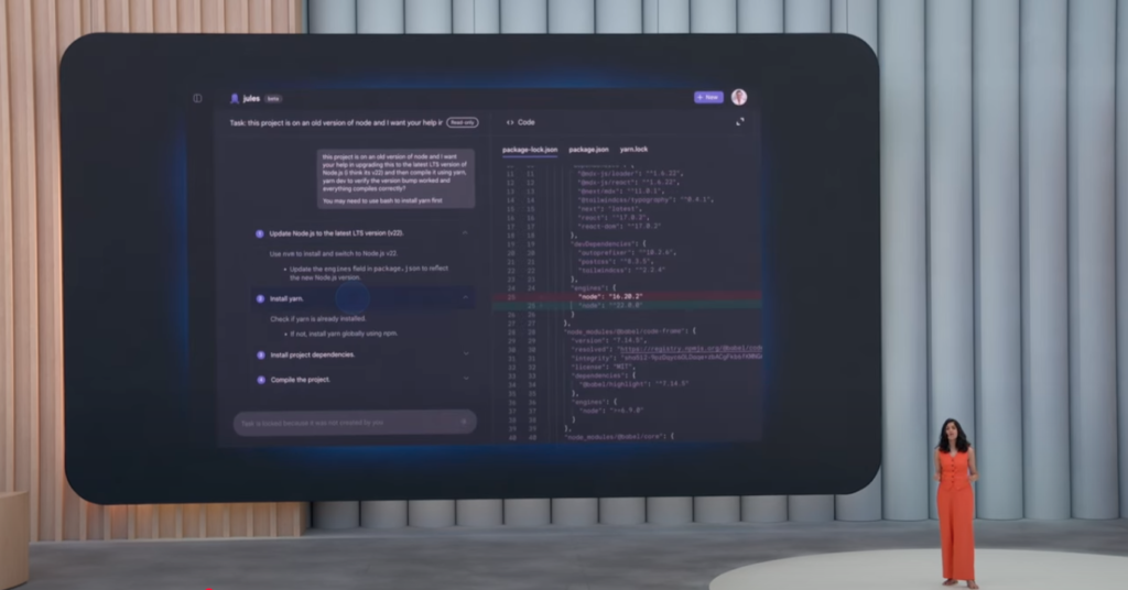 スクリーンショット 2025-05-25 151302 - 株式会社スクーティー ブログ この画像は、JulesがCanvas内でコードを生成・修正する様子を示唆しています。