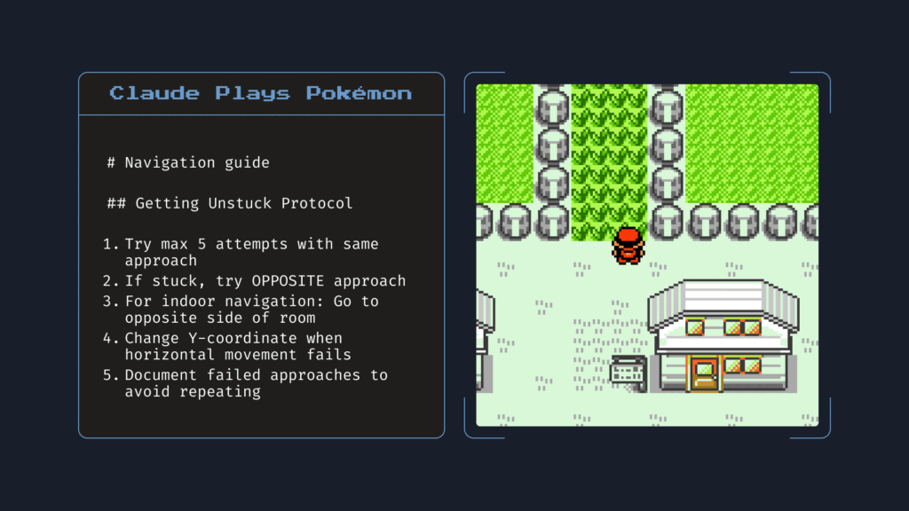 このGIF画像は、Claude Opus 4がローカルファイルアクセスを与えられた際に、ゲーム「ポケットモンスター 赤」をプレイしながら作成した実際のメモを示しています。このメモは「ナビゲーションガイド」として機能し、ゲームプレイを改善するために重要な情報を記録しています。これはClaude 4の記憶能力と、タスク遂行におけるその活用例を視覚的に表しています。