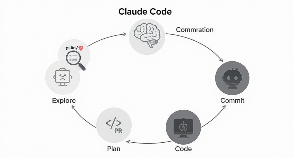 8caa8ba9-06d9-4fdf-8cd8-e4f56966a674 - 株式会社スクーティー ブログ この図は、Claude Codeの4段階ワークフローを視覚的に示しています。各段階が循環的に連携し、サブエージェントとの協調により、複雑なタスクを効率的に処理する仕組みを表現しています。