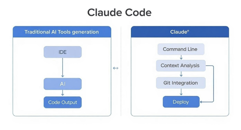 Create_an_image_based_on_the_provided_diagram_mod-1750147288846 - 株式会社スクーティー ブログ この図は、従来のAIツールとClaude Codeのワークフローの根本的な違いを示しています。従来ツールが単純な入力→出力の関係であるのに対し、Claude Codeは包括的な開発ライフサイクル全体をカバーする複合的なプロセスを提供します。