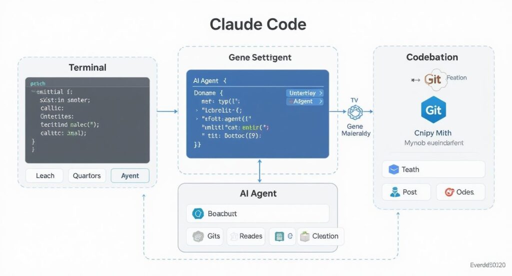 a4ae2c8c-8e6b-4d3b-a00f-32ba8af53be1 - 株式会社スクーティー ブログ この図は、Claude Codeの技術アーキテクチャを示しています。ターミナル、AIエージェント、コードベース、Git統合が連携して動作する仕組みが視覚的に理解できます。中央のAIエージェントが各コンポーネントを統合し、開発者の指示を自動的に実行する流れが表現されています。