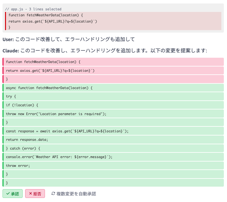 スクリーンショット 2025-06-20 100025 - 株式会社スクーティー ブログ 各変更ブロックには個別に承認・却下ボタンが表示され、部分的な採用も可能です。これにより、AIの提案を完全に受け入れるのではなく、必要な部分だけを選択して適用できます。