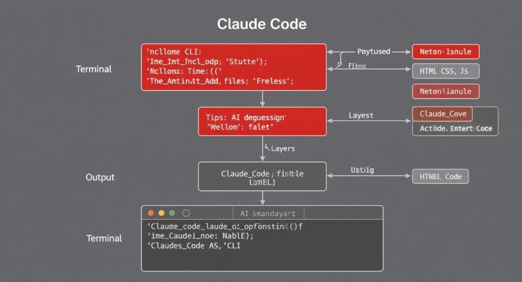 ce28bf6b-cfe8-44df-a9c7-25bfe356195c - 株式会社スクーティー ブログ この図は、Claude Codeの動作構造を示しています。ユーザーがターミナルで自然言語指示を入力すると、Claude Code CLIがAI処理層を通じて、HTML、CSS、JavaScriptファイルを自動生成する流れが分かります。各処理段階で品質チェックが行われ、最終的にプロダクションレベルのコードが出力される仕組みになっています。