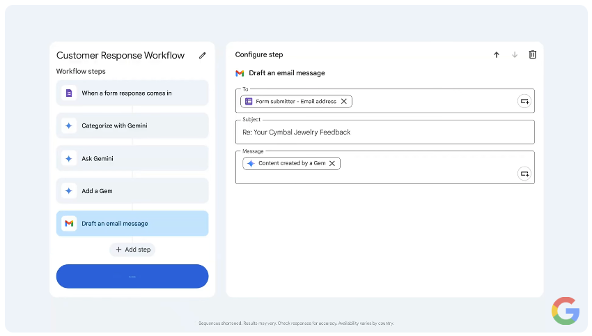 unnamed 12 - 株式会社スクーティー ブログ コードなしでワークフローを設計し始めるのは非常に簡単です。プロセスは論理的で直感的です。画面には、各ステップが視覚的に表示され、ステップ間の流れが矢印で示されます。各ステップには、実行するアクションの種類(Ask Gemini、メール送信、Chat通知など)がアイコンと共に表示されます。ステップをクリックすると詳細設定が開き、パラメータを調整できます。全体として、業務プロセスの流れを一目で理解でき、修正も容易な設計になっています。